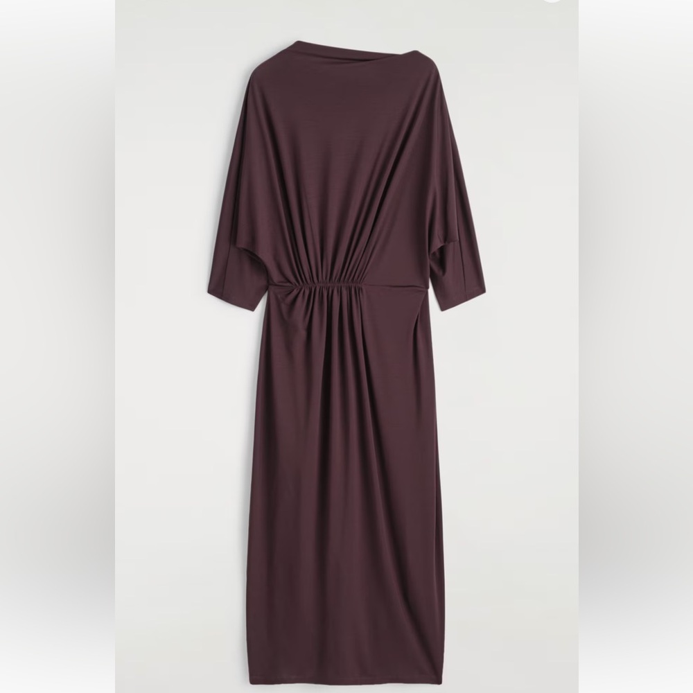 COS Burgundy Elbow- Sleeve gathered waist Midi Dress NWT small